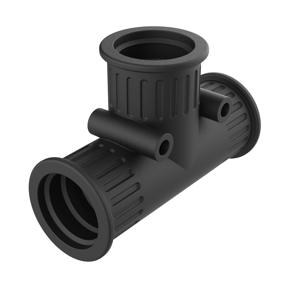 <p>I nostri manicotti di derivazione <b>MDB</b> sono realizzati in <b>TPE</b> morbido a forma di “T” per creare diramazioni tra tratti di tubo.</p>

<p>Questi manicotti, <b>resistenti ai raggi UV</b>, si montano a pressione sulle estremità dei tubi e, grazie ai denti interni, aderiscono perfettamente al profilo esterno. I fori per il fissaggio a parete hanno un diametro di Ø 4 mm. Utilizzabili anche tra tubi di diverse dimensioni.</p>

<p>· <b>Materiale:</b> TPE<br>
· <b>Colore:</b> nero<br>
· <b>Temperatura di utilizzo:</b> -40 °C / +120 °C (punte fino a +150 °C)<br>
· <b>Protezione IP:</b> IP66 secondo EN 60529</p>

<p><i>Disponibile in grigio su richiesta.</i></p>