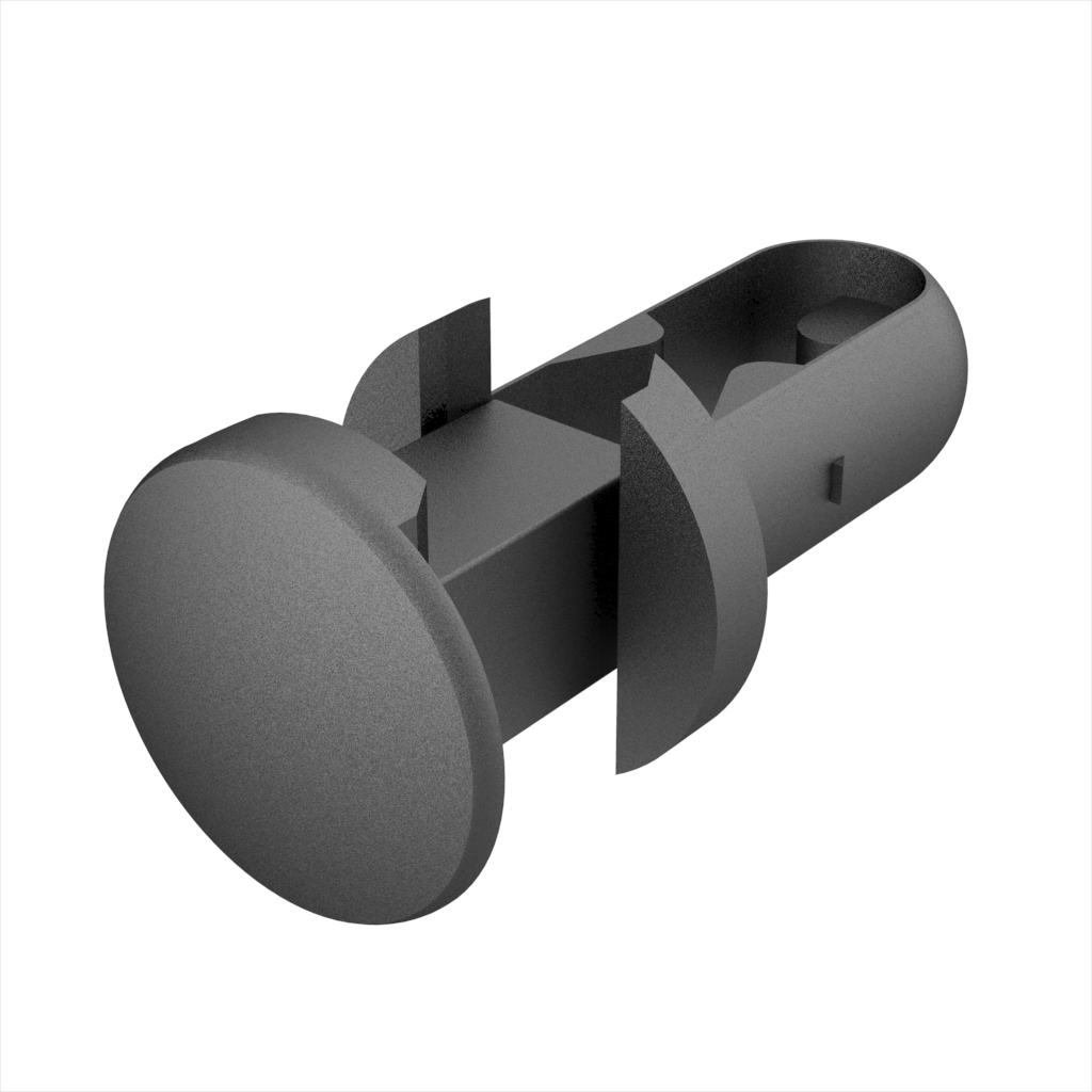 Questo rivetto di due elementi è indicato per l`assemblaggio di pannelli. Una volta collocato nel buco, è rivettata colpendo alla testa con un martello o strumento di impatto. Può essere rimosso togliendo la testa (riutilizzabile).