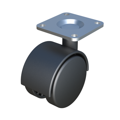 Ruota girevole senza freno. Fabbricata in polipropilene, il suo disegno incorpora una piastra in acciaio per il fissaggio su mobili in legno. La capacità di carico individuale raccomandata è di 50 kg.