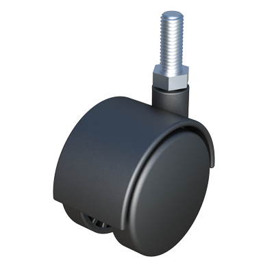 Ruota girevole con freno in polipropilene. Il suo perno filettato lo rende ideale per essere inserito in inserti filettati. La capacità di carico individuale raccomandata è di 50 kg.