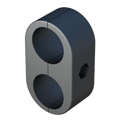 Connettore per fissare due tubi tondi in parallelo, con alloggio per un dado per essere fissato in un supporto.È fatto da PA6 (nylon) per fornire una buona resistenza meccanica (impatto) alle temperature.